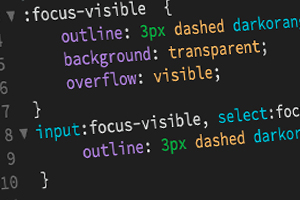 A close-up of a code editor showing CSS styles using the :focus-visible pseudo-class.